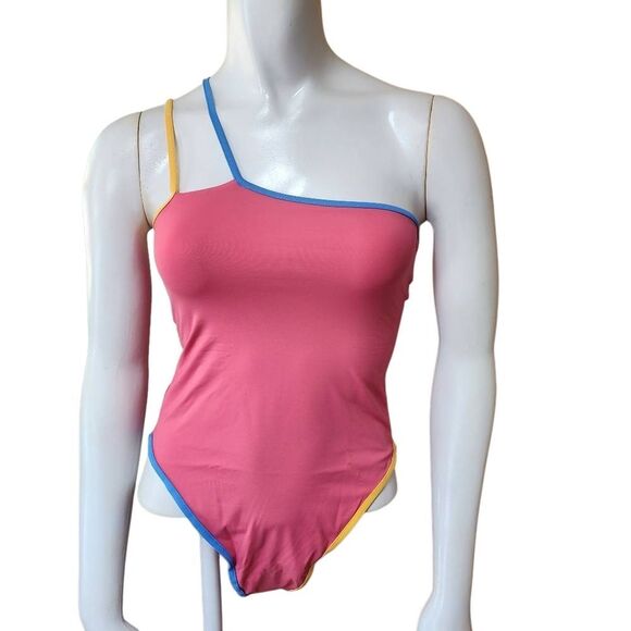 NWT Stone Fox Swim Honeycomb Sunset Pink Color Block Aloe One Piece Swimsuit (S) - Picture 5 of 7